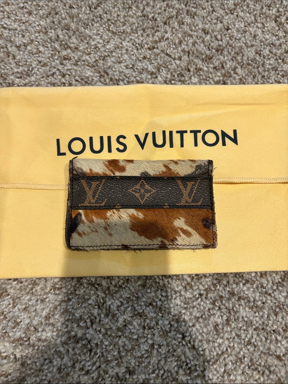Faux Louis Vuitton Brown Monogram Calf Hair Card Case with Tan and Cream Spots